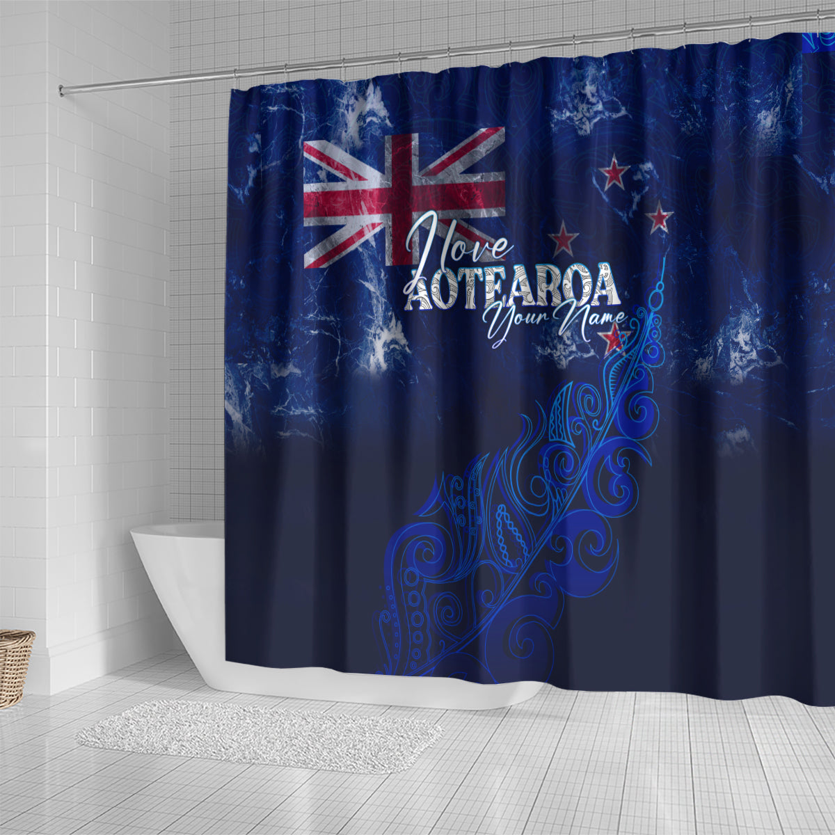 Personalised New Zealand Shower Curtain Aotearoa Map Silver Fern DT02 - Polynesian Pride