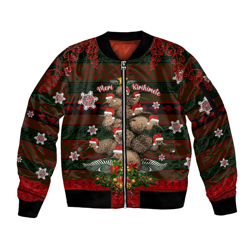 Meri Kirihimete New Zealand Sleeve Zip Bomber Jacket Christmas Kiwi Maori DT02 Unisex Red - Polynesian Pride
