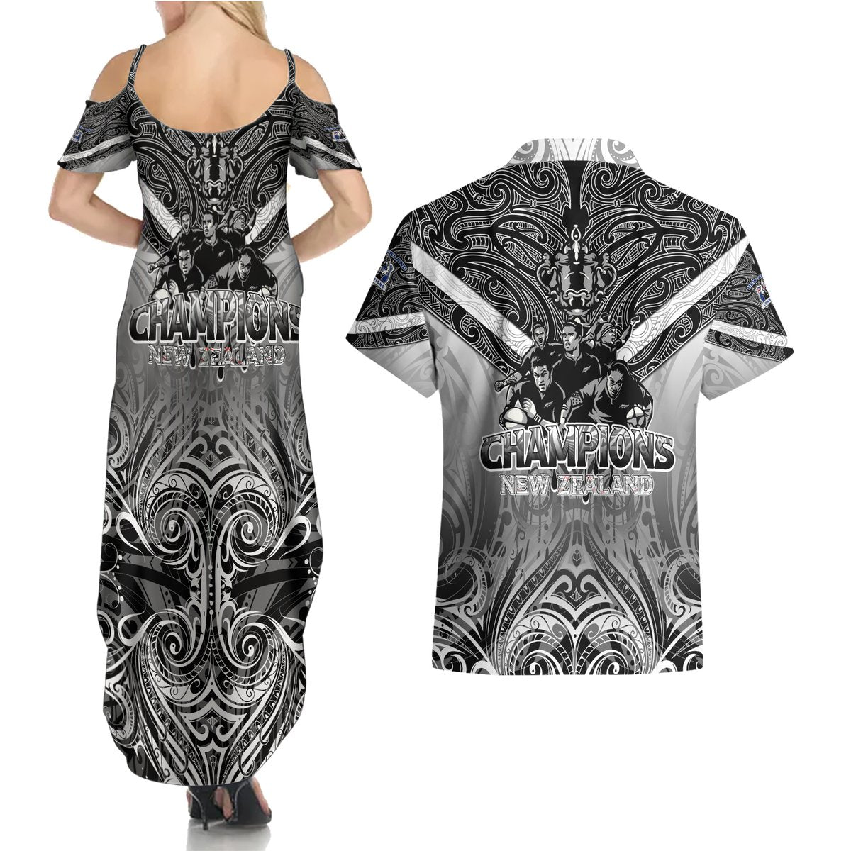 New Zealand Couples Matching Summer Maxi Dress and Hawaiian Shirt Rugby Aotearoa Champions DT02 - Polynesian Pride