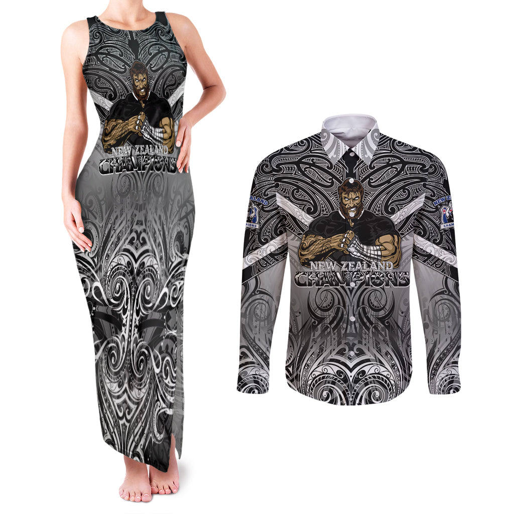 New Zealand Couples Matching Tank Maxi Dress and Long Sleeve Button Shirt Rugby Aotearoa Champions DT02 Black - Polynesian Pride