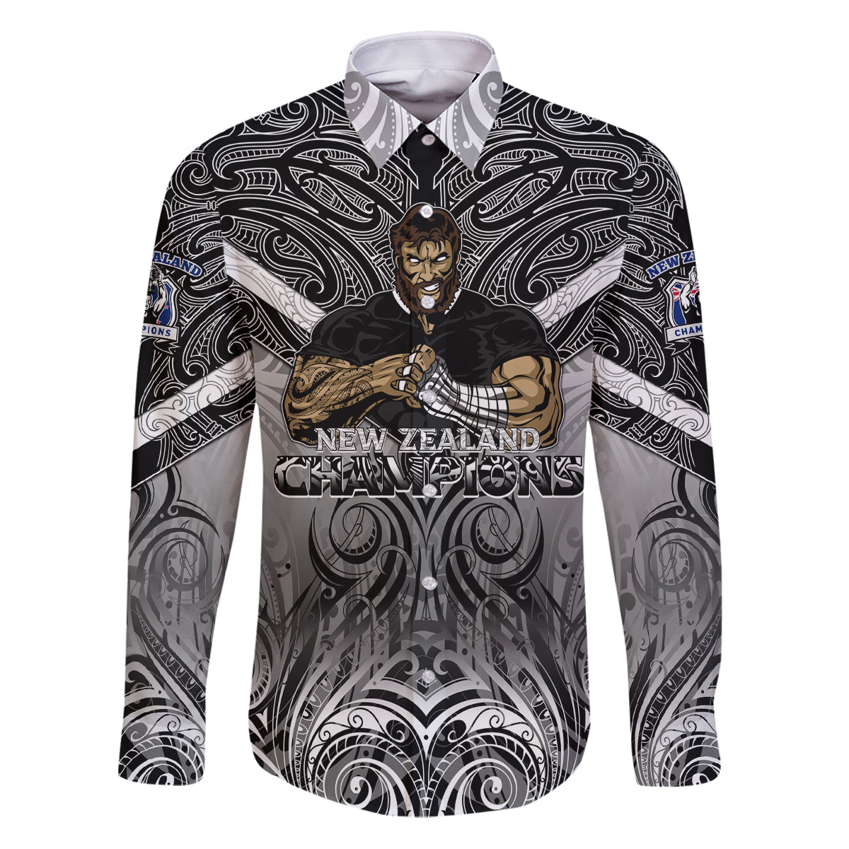 New Zealand Family Matching Puletasi Dress and Hawaiian Shirt Rugby Aotearoa Champions DT02 Dad's Shirt - Long Sleeve Black - Polynesian Pride