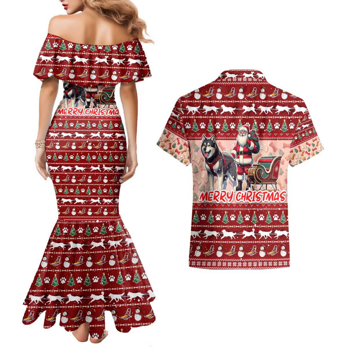 Dog Sled Christmas Couples Matching Mermaid Dress and Hawaiian Shirt Husky Sleigh Ride Design - Polynesian Pride