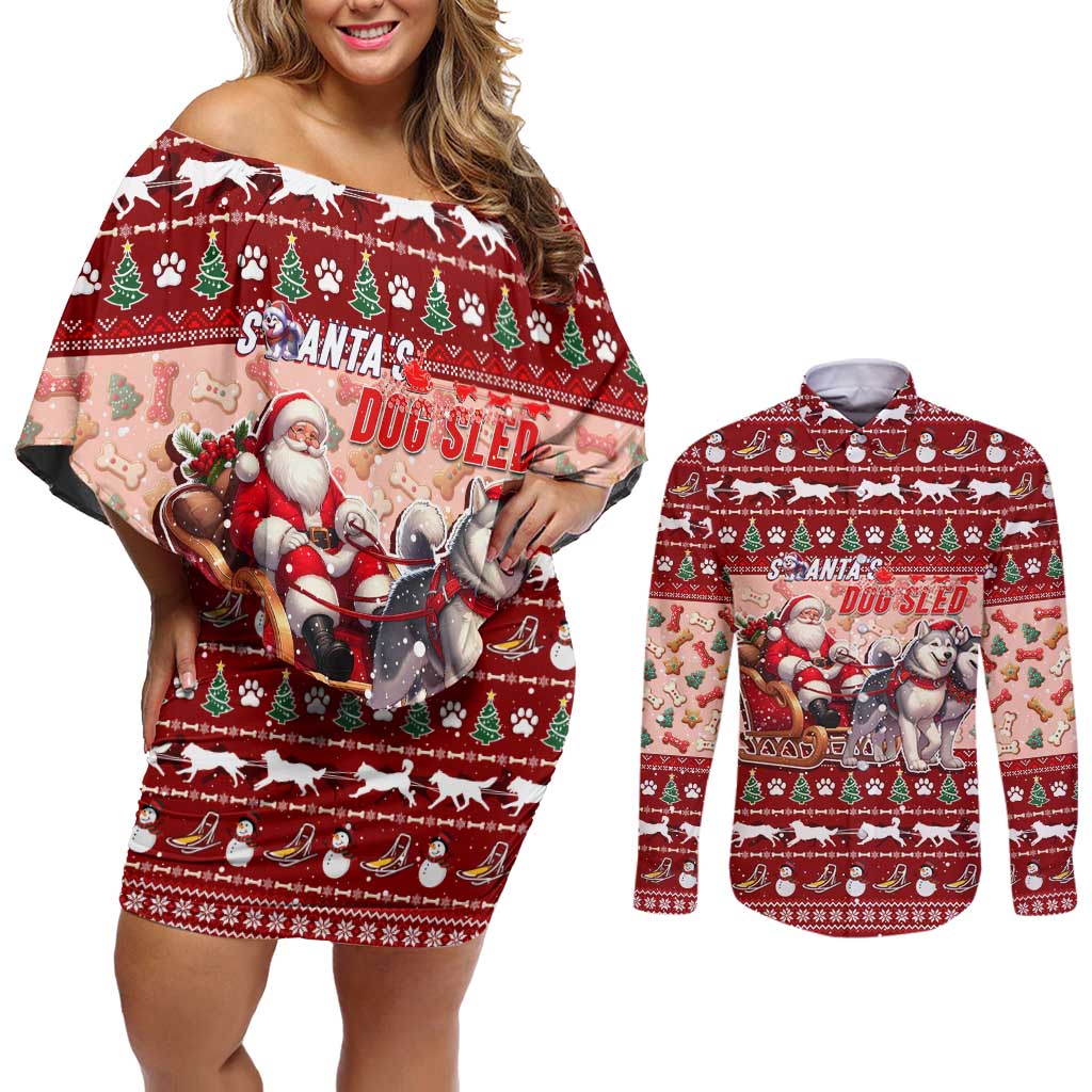 Dog Sled Christmas Couples Matching Off Shoulder Short Dress and Long Sleeve Button Shirt Husky Sleigh Ride Design - Polynesian Pride