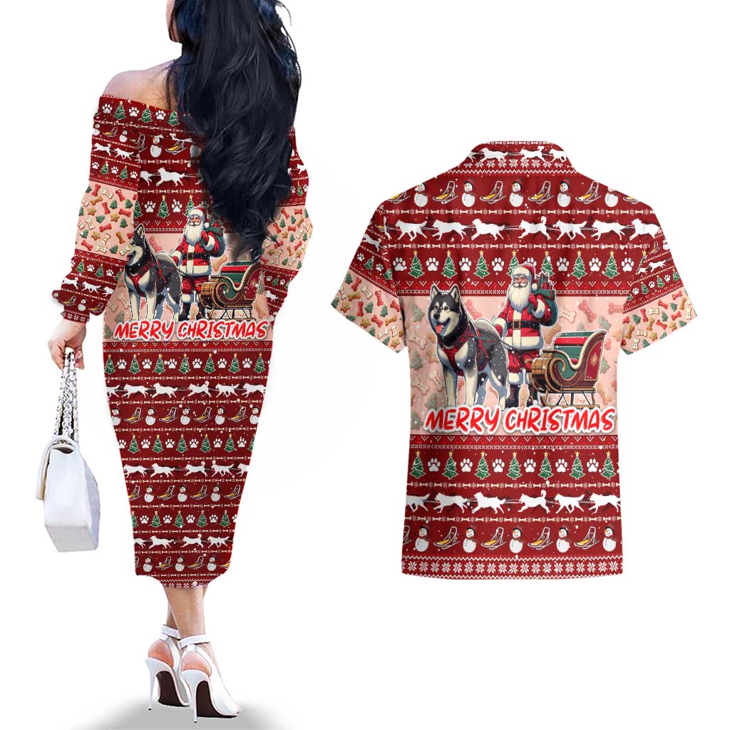 Dog Sled Christmas Couples Matching Off The Shoulder Long Sleeve Dress and Hawaiian Shirt Husky Sleigh Ride Design - Polynesian Pride