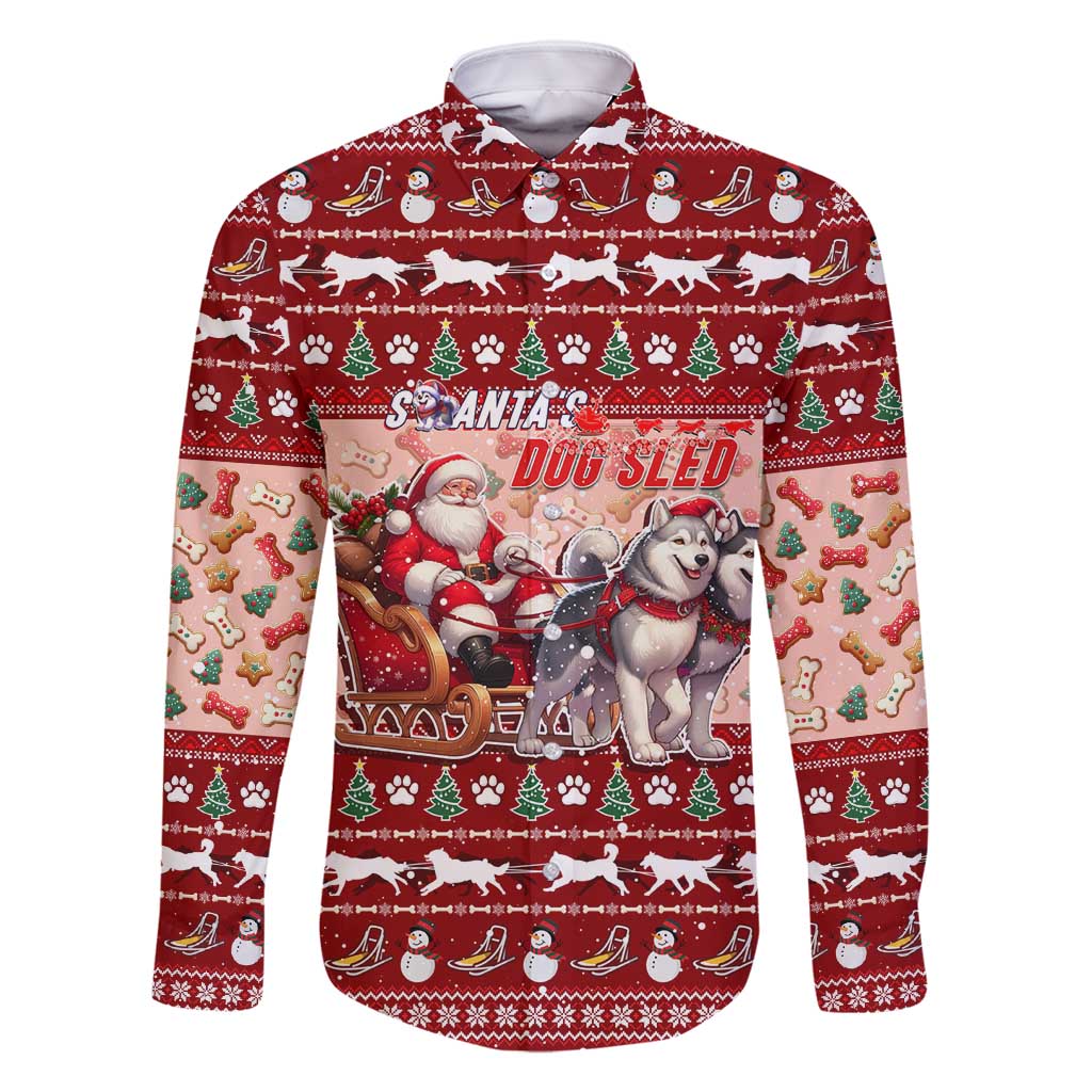 Dog Sled Christmas Family Matching Long Sleeve Bodycon Dress and Hawaiian Shirt Husky Sleigh Ride Design DT02 Dad's Shirt - Long Sleeve Red - Polynesian Pride