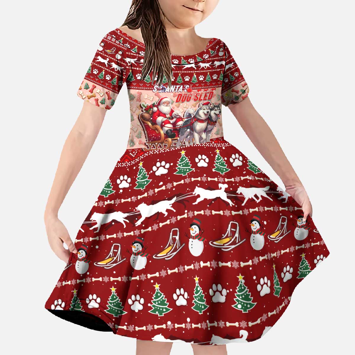 Dog Sled Christmas Family Matching Off The Shoulder Long Sleeve Dress and Hawaiian Shirt Husky Sleigh Ride Design DT02 Daughter's Dress Red - Polynesian Pride
