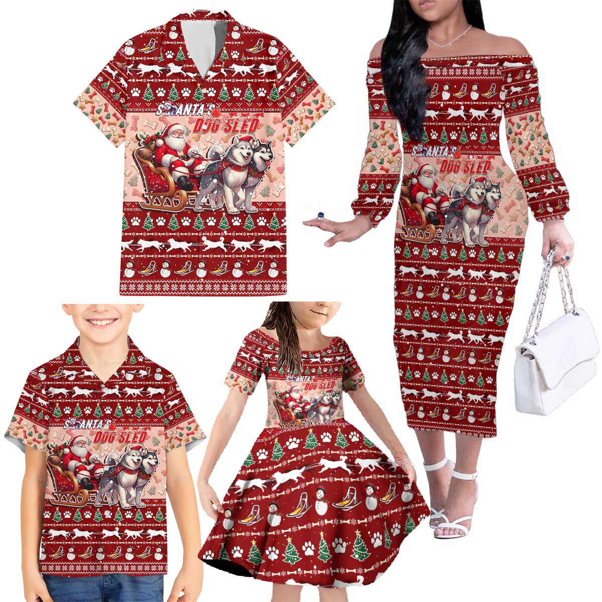 Dog Sled Christmas Family Matching Off The Shoulder Long Sleeve Dress and Hawaiian Shirt Husky Sleigh Ride Design DT02 - Polynesian Pride