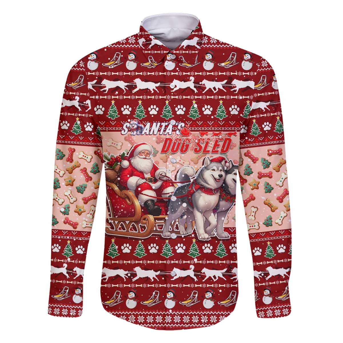 Dog Sled Christmas Family Matching Off The Shoulder Long Sleeve Dress and Hawaiian Shirt Husky Sleigh Ride Design DT02 Dad's Shirt - Long Sleeve Red - Polynesian Pride