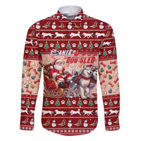 Dog Sled Christmas Family Matching Off The Shoulder Long Sleeve Dress and Hawaiian Shirt Husky Sleigh Ride Design DT02 Dad's Shirt - Long Sleeve Red - Polynesian Pride