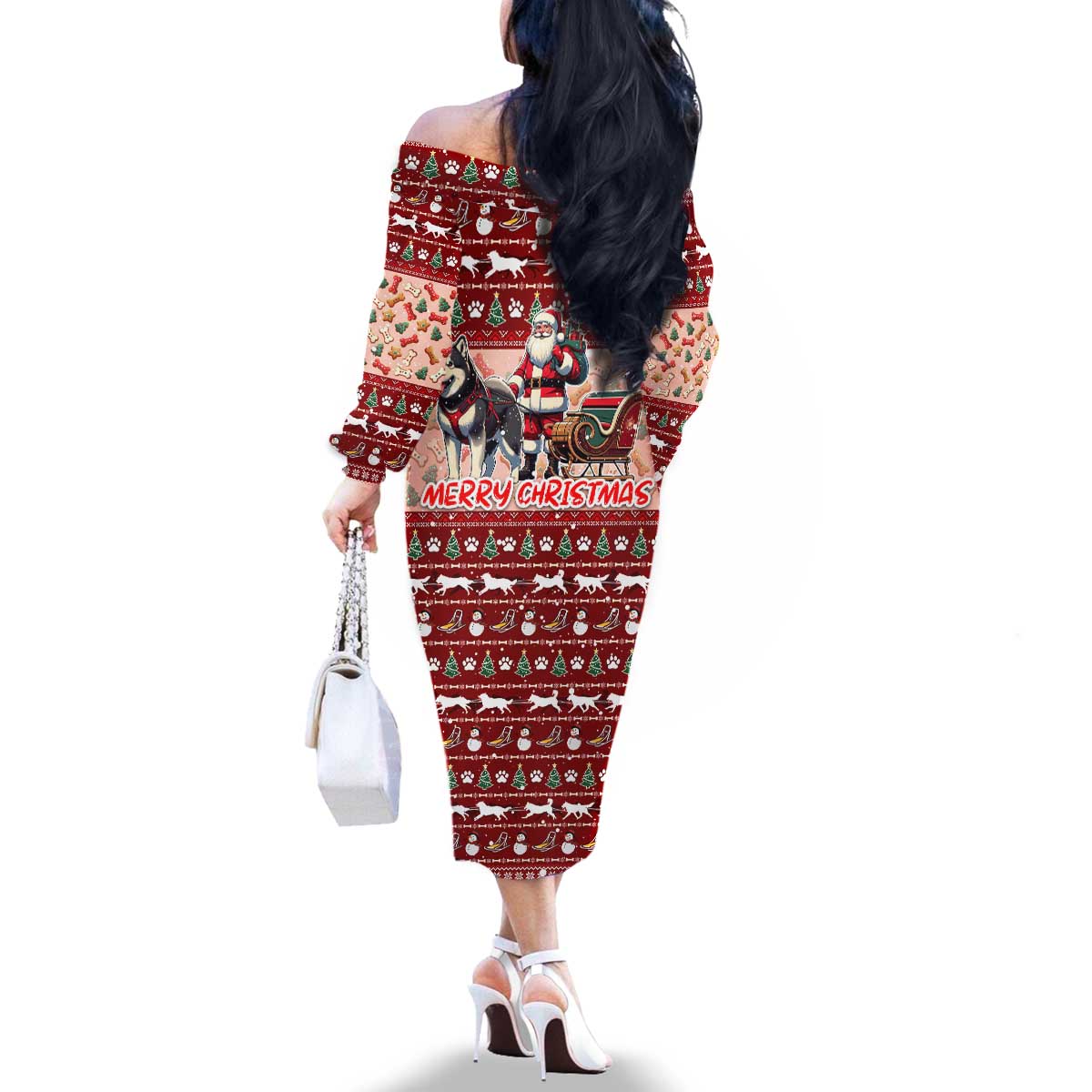 Dog Sled Christmas Family Matching Off The Shoulder Long Sleeve Dress and Hawaiian Shirt Husky Sleigh Ride Design DT02 - Polynesian Pride