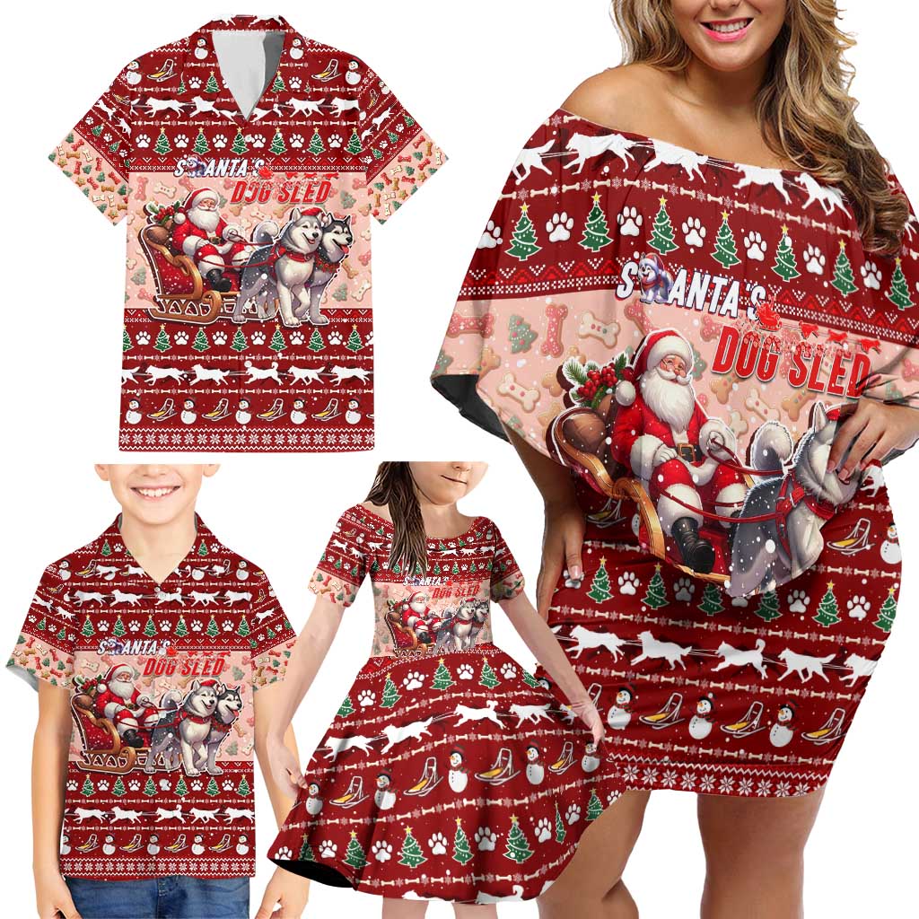 Dog Sled Christmas Family Matching Off Shoulder Short Dress and Hawaiian Shirt Husky Sleigh Ride Design DT02 - Polynesian Pride