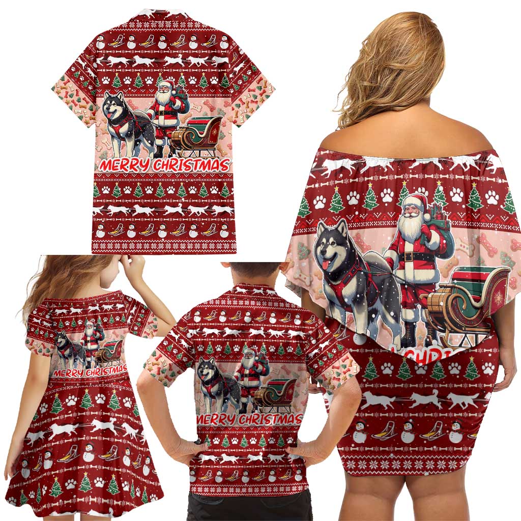 Dog Sled Christmas Family Matching Off Shoulder Short Dress and Hawaiian Shirt Husky Sleigh Ride Design DT02 - Polynesian Pride
