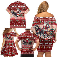 Dog Sled Christmas Family Matching Off Shoulder Short Dress and Hawaiian Shirt Husky Sleigh Ride Design DT02 - Polynesian Pride