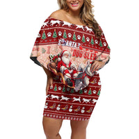 Dog Sled Christmas Family Matching Off Shoulder Short Dress and Hawaiian Shirt Husky Sleigh Ride Design DT02 Mom's Dress Red - Polynesian Pride