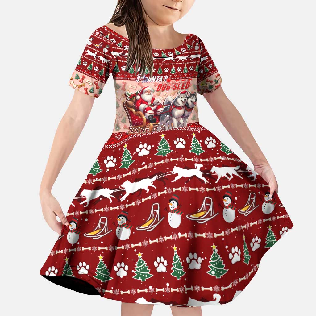 Dog Sled Christmas Family Matching Short Sleeve Bodycon Dress and Hawaiian Shirt Husky Sleigh Ride Design DT02 Daughter's Dress Red - Polynesian Pride