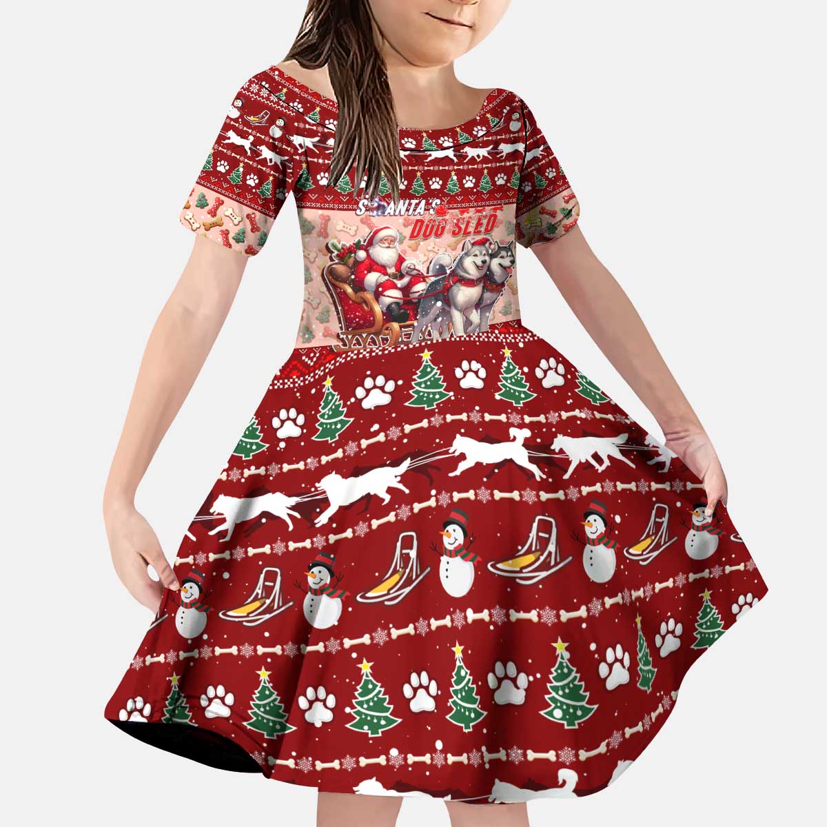 Dog Sled Christmas Kid Short Sleeve Dress Husky Sleigh Ride Design - Polynesian Pride