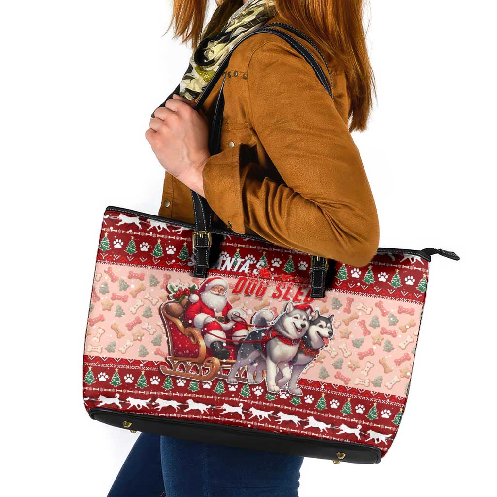 Dog Sled Christmas Leather Tote Bag Husky Sleigh Ride Design - Polynesian Pride