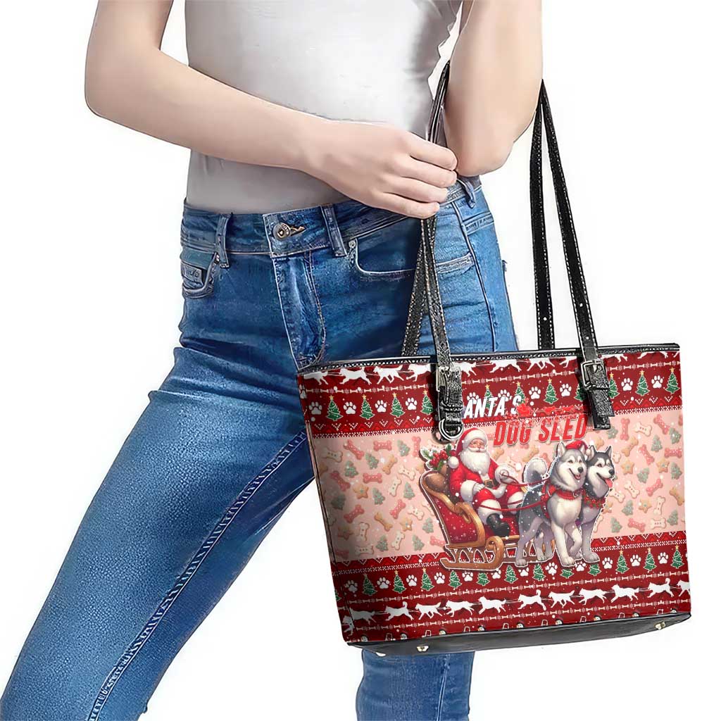 Dog Sled Christmas Leather Tote Bag Husky Sleigh Ride Design - Polynesian Pride