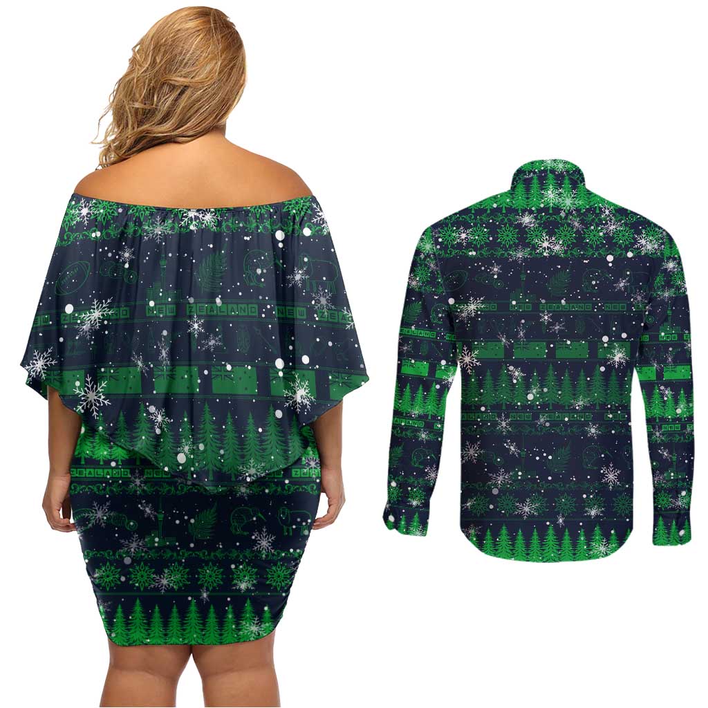 Merry Christmas New Zealand Couples Matching Off Shoulder Short Dress and Long Sleeve Button Shirt Xmas Travel Map - Polynesian Pride