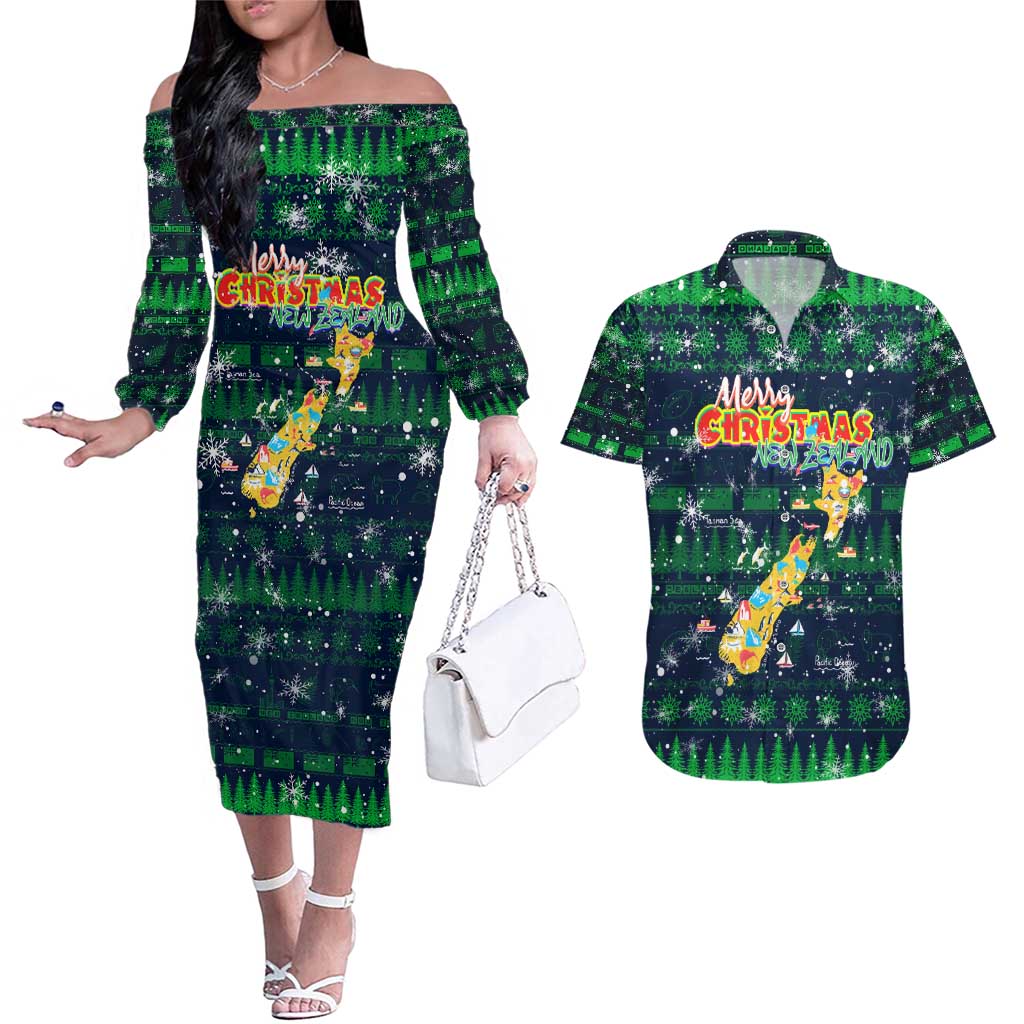 Merry Christmas New Zealand Couples Matching Off The Shoulder Long Sleeve Dress and Hawaiian Shirt Xmas Travel Map DT02 Blue - Polynesian Pride