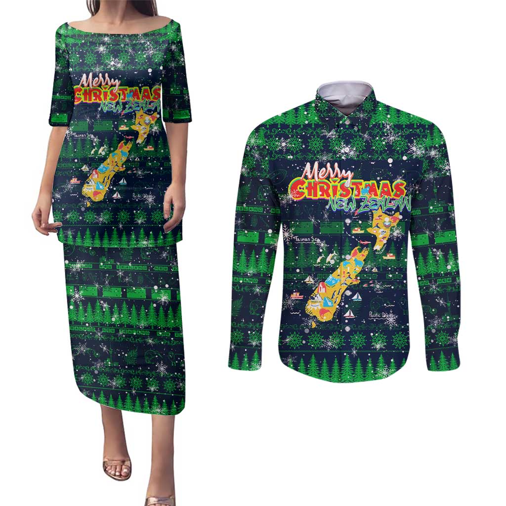 Merry Christmas New Zealand Couples Matching Puletasi and Long Sleeve Button Shirt Xmas Travel Map - Polynesian Pride