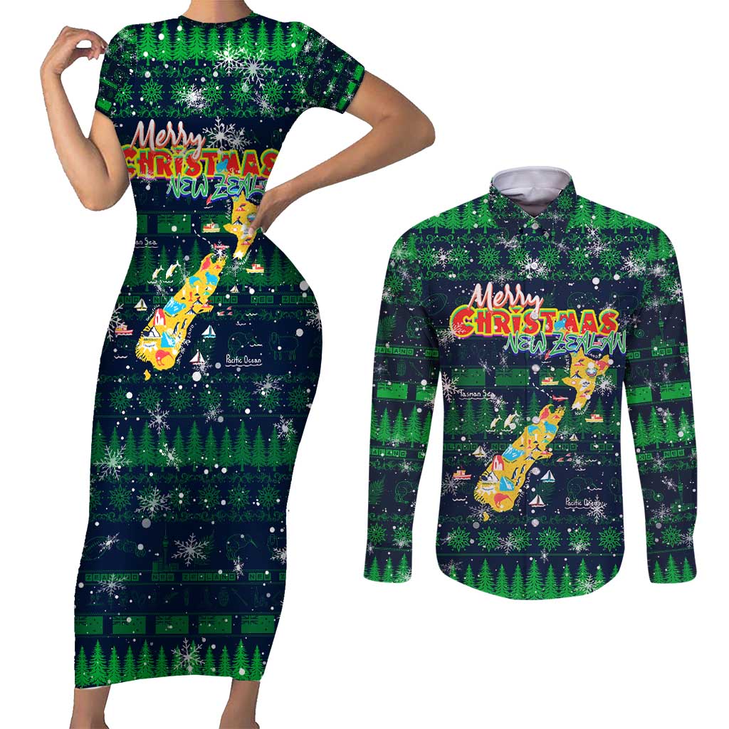 Merry Christmas New Zealand Couples Matching Short Sleeve Bodycon Dress and Long Sleeve Button Shirt Xmas Travel Map DT02 Blue - Polynesian Pride