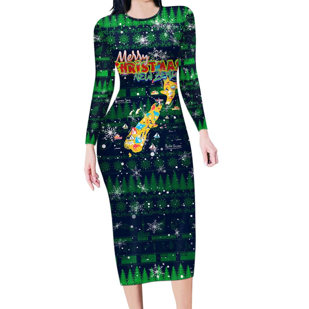 Merry Christmas New Zealand Family Matching Long Sleeve Bodycon Dress and Hawaiian Shirt Xmas Travel Map DT02 Mom's Dress Blue - Polynesian Pride