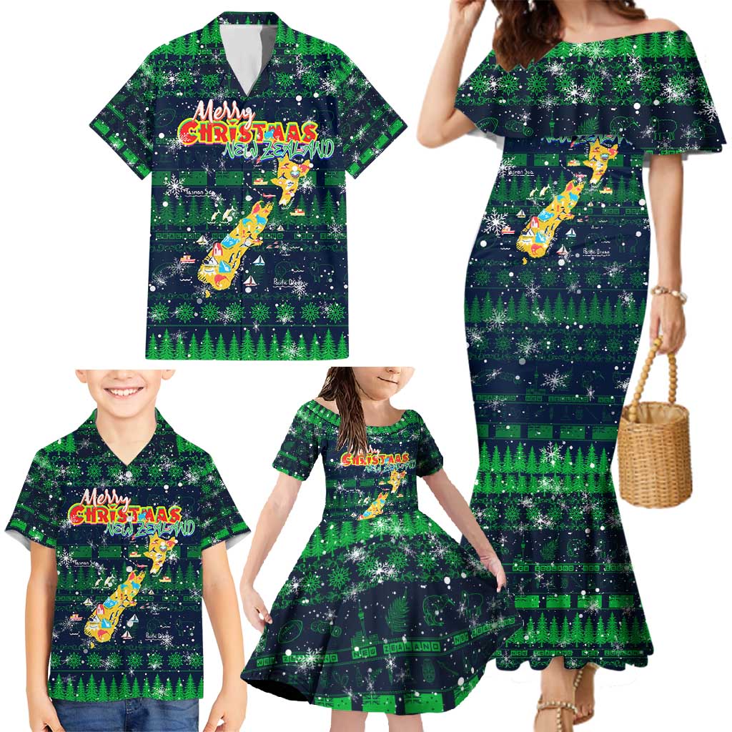 Merry Christmas New Zealand Family Matching Mermaid Dress and Hawaiian Shirt Xmas Travel Map - Polynesian Pride