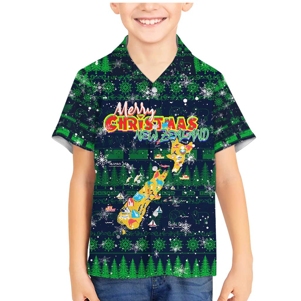 Merry Christmas New Zealand Family Matching Mermaid Dress and Hawaiian Shirt Xmas Travel Map DT02 Son's Shirt Blue - Polynesian Pride