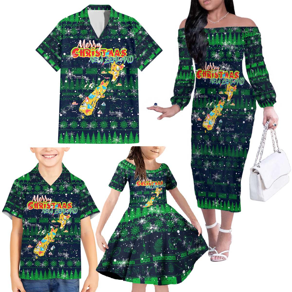 Merry Christmas New Zealand Family Matching Off The Shoulder Long Sleeve Dress and Hawaiian Shirt Xmas Travel Map DT02 - Polynesian Pride