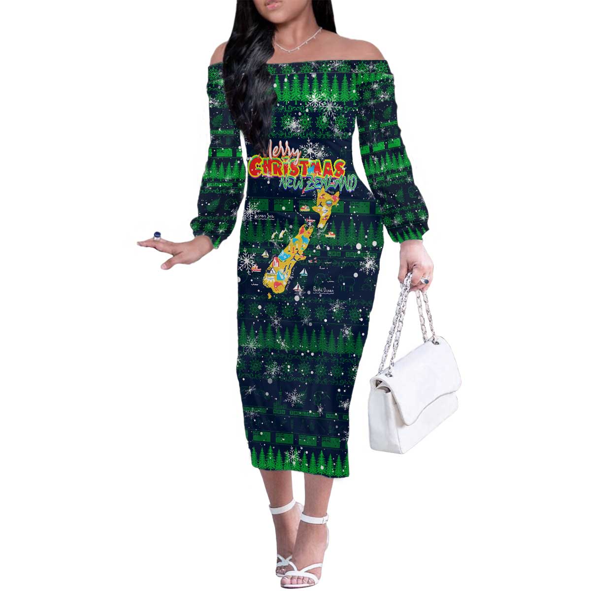 Merry Christmas New Zealand Family Matching Off The Shoulder Long Sleeve Dress and Hawaiian Shirt Xmas Travel Map DT02 Mom's Dress Blue - Polynesian Pride