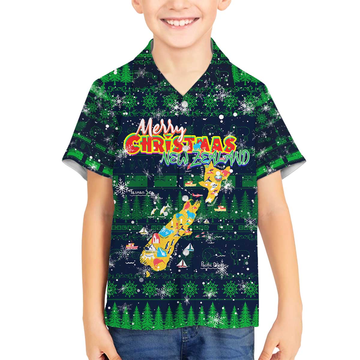 Merry Christmas New Zealand Family Matching Off The Shoulder Long Sleeve Dress and Hawaiian Shirt Xmas Travel Map DT02 Son's Shirt Blue - Polynesian Pride