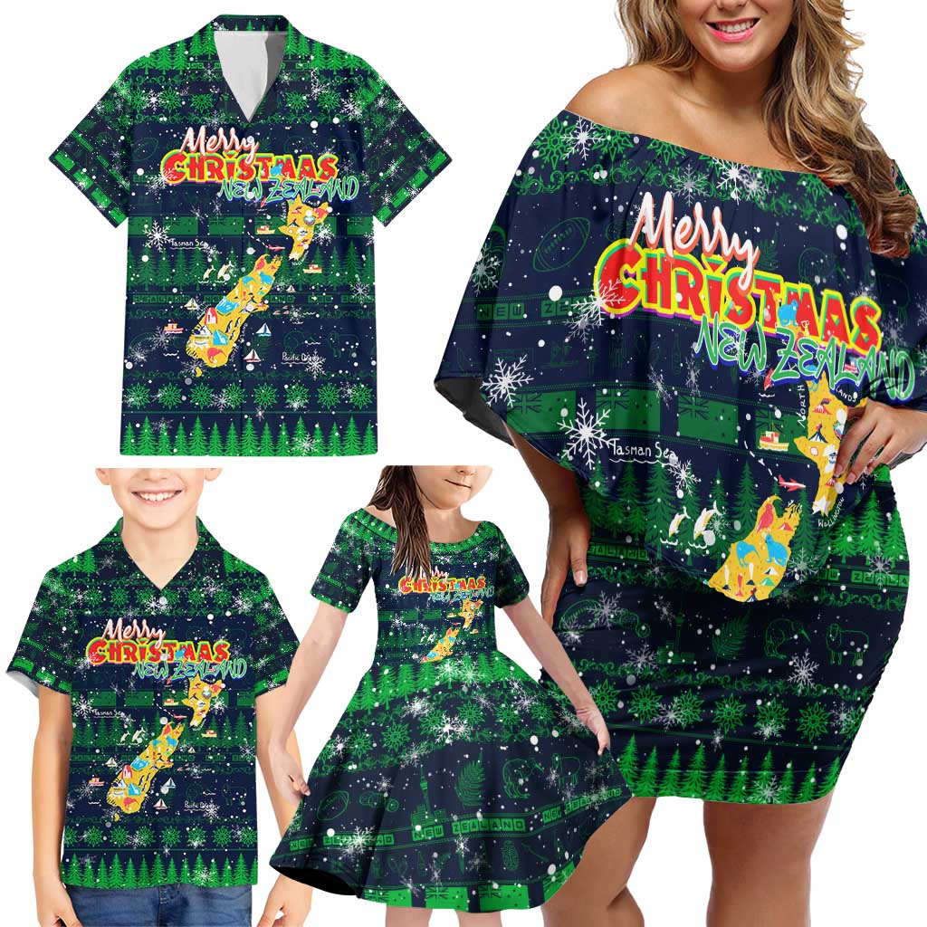 Merry Christmas New Zealand Family Matching Off Shoulder Short Dress and Hawaiian Shirt Xmas Travel Map DT02 - Polynesian Pride