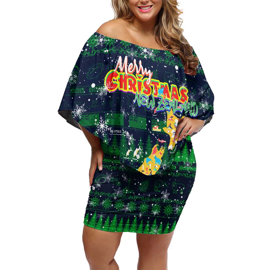Merry Christmas New Zealand Family Matching Off Shoulder Short Dress and Hawaiian Shirt Xmas Travel Map DT02 Mom's Dress Blue - Polynesian Pride