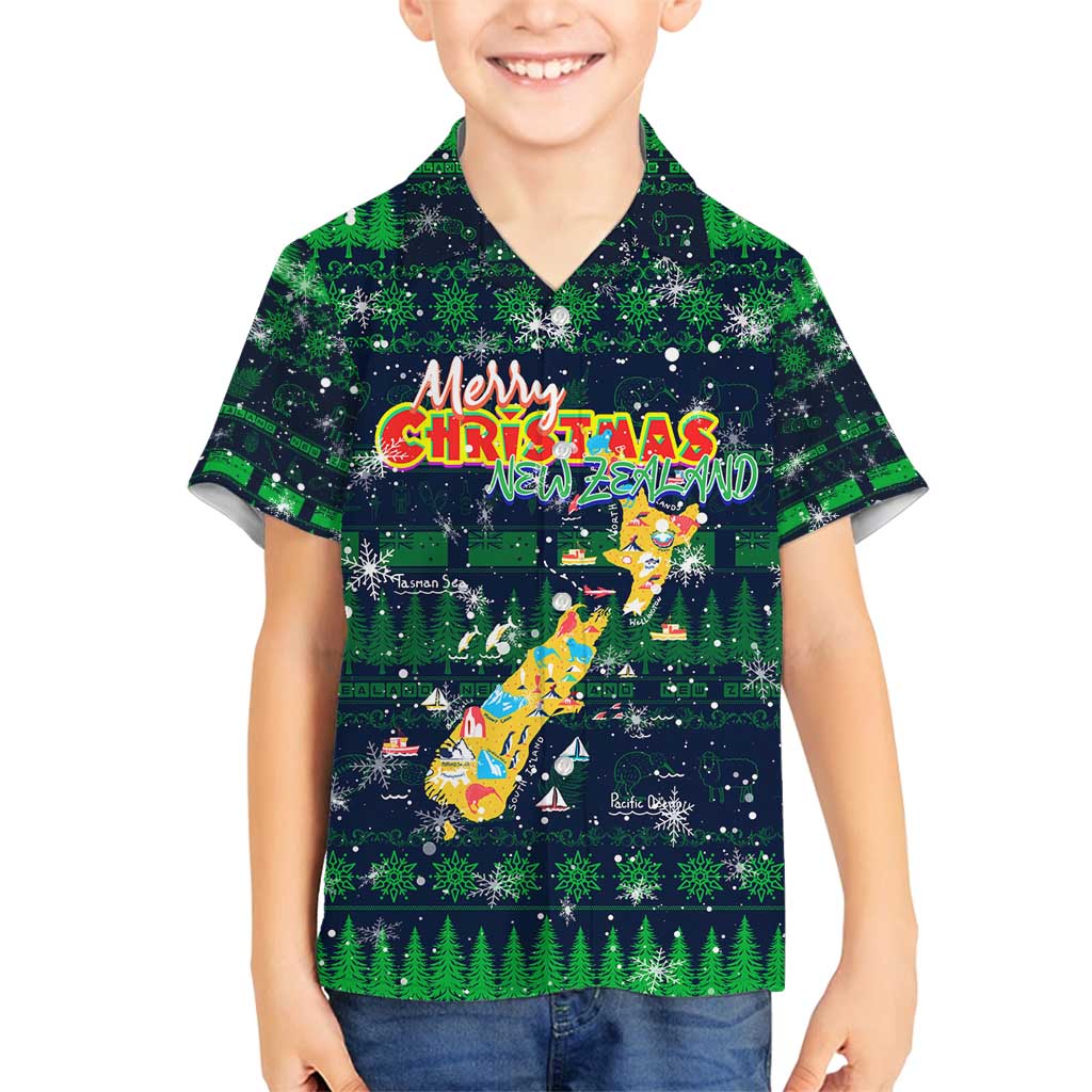Merry Christmas New Zealand Family Matching Off Shoulder Short Dress and Hawaiian Shirt Xmas Travel Map DT02 Son's Shirt Blue - Polynesian Pride