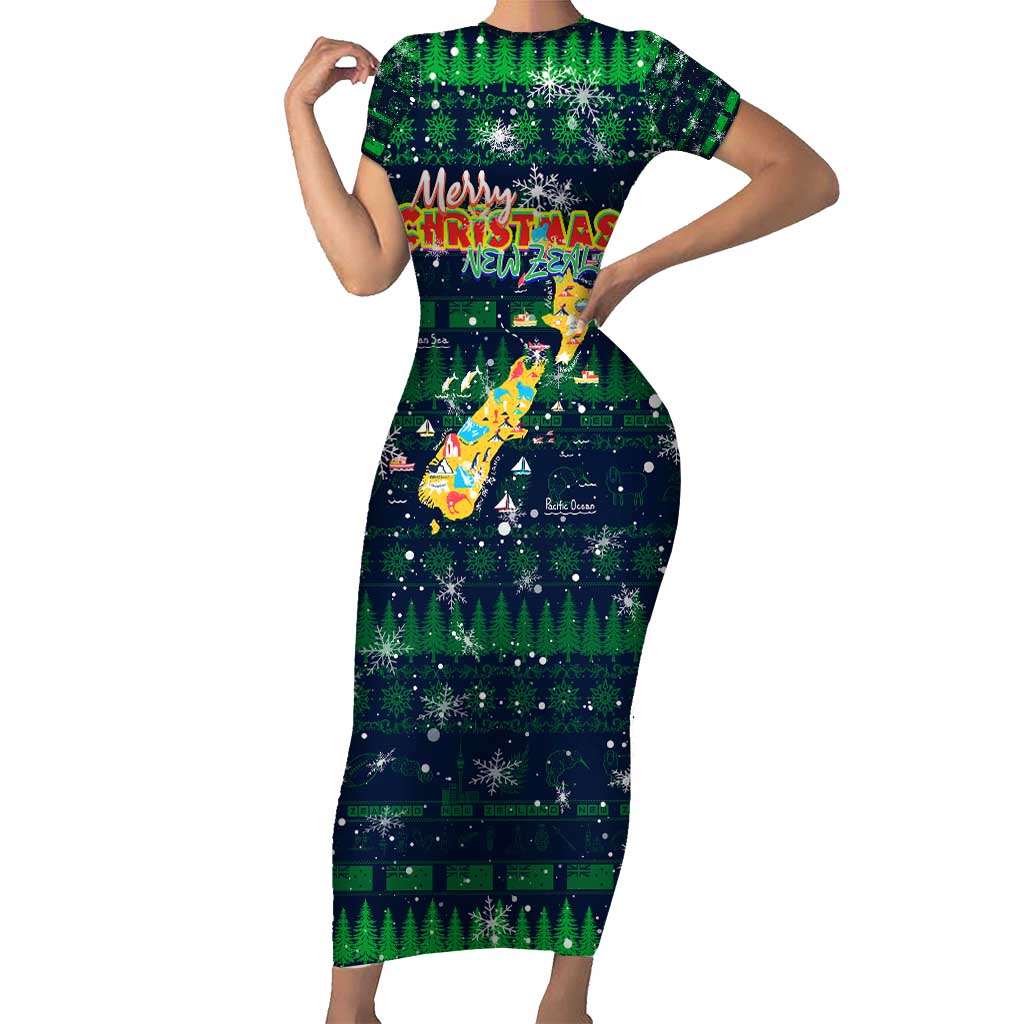 Merry Christmas New Zealand Family Matching Short Sleeve Bodycon Dress and Hawaiian Shirt Xmas Travel Map DT02 Mom's Dress Blue - Polynesian Pride