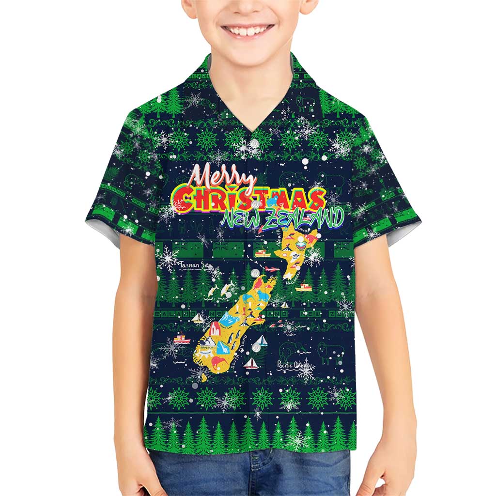 Merry Christmas New Zealand Family Matching Short Sleeve Bodycon Dress and Hawaiian Shirt Xmas Travel Map DT02 Son's Shirt Blue - Polynesian Pride