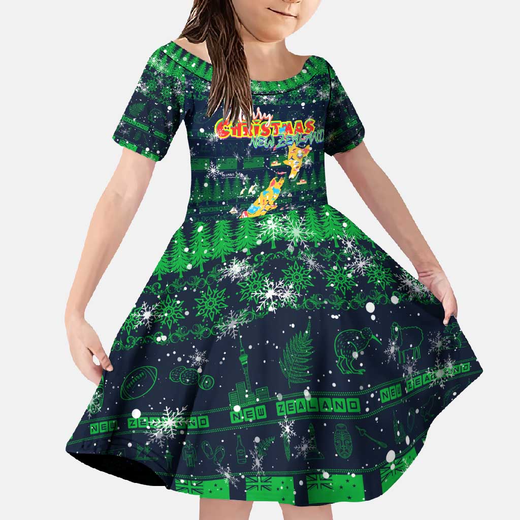 Merry Christmas New Zealand Family Matching Tank Maxi Dress and Hawaiian Shirt Xmas Travel Map DT02 Daughter's Dress Blue - Polynesian Pride