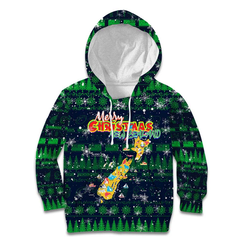 Merry Christmas New Zealand Kid Hoodie Xmas Travel Map - Polynesian Pride