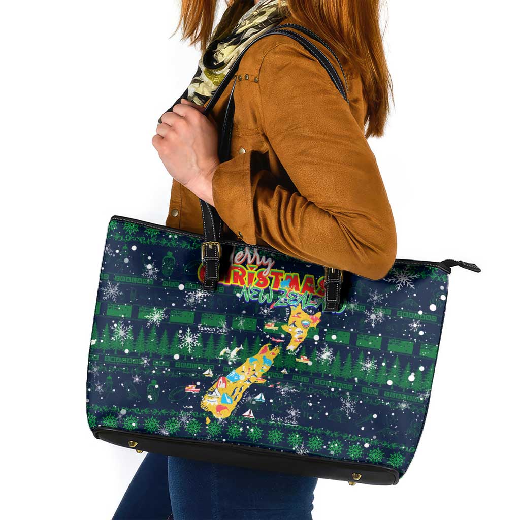 Merry Christmas New Zealand Leather Tote Bag Xmas Travel Map - Polynesian Pride