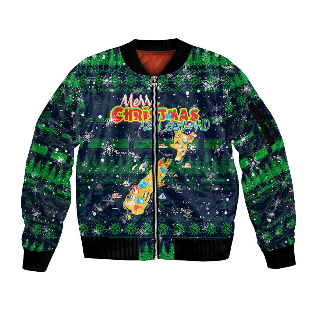 Merry Christmas New Zealand Sleeve Zip Bomber Jacket Xmas Travel Map DT02 Unisex Blue - Polynesian Pride