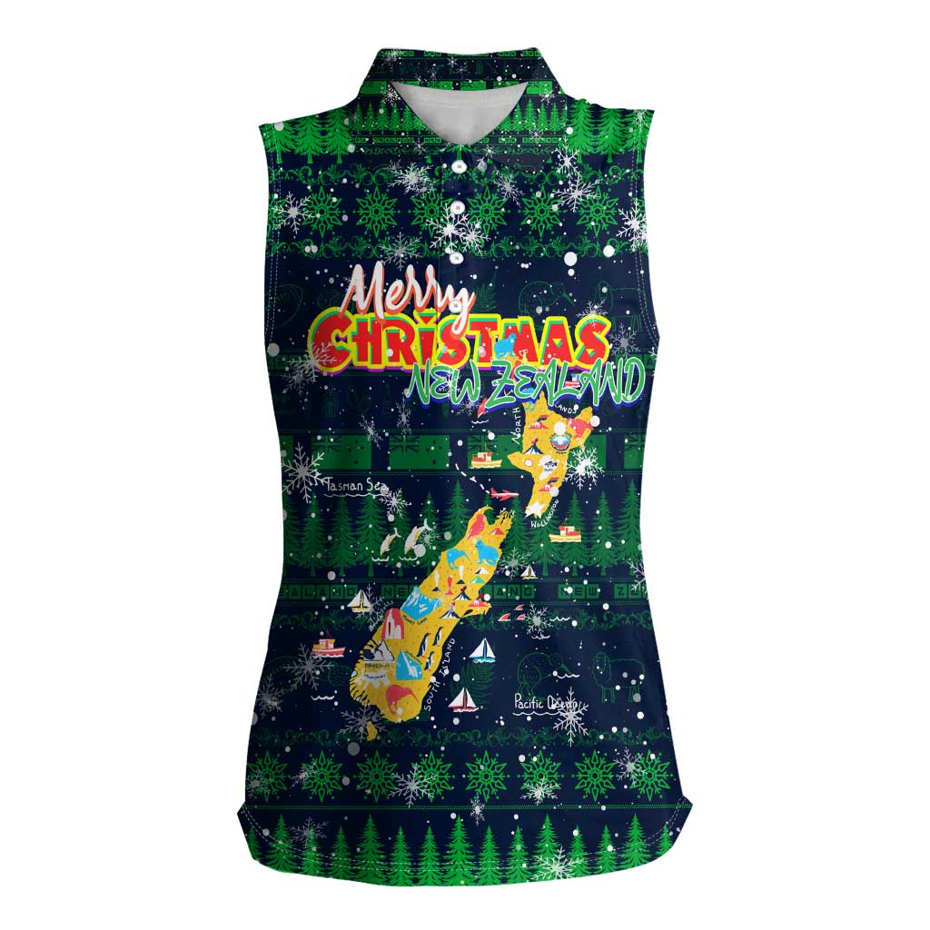 Merry Christmas New Zealand Women Sleeveless Polo Shirt Xmas Travel Map DT02 Female Blue - Polynesian Pride