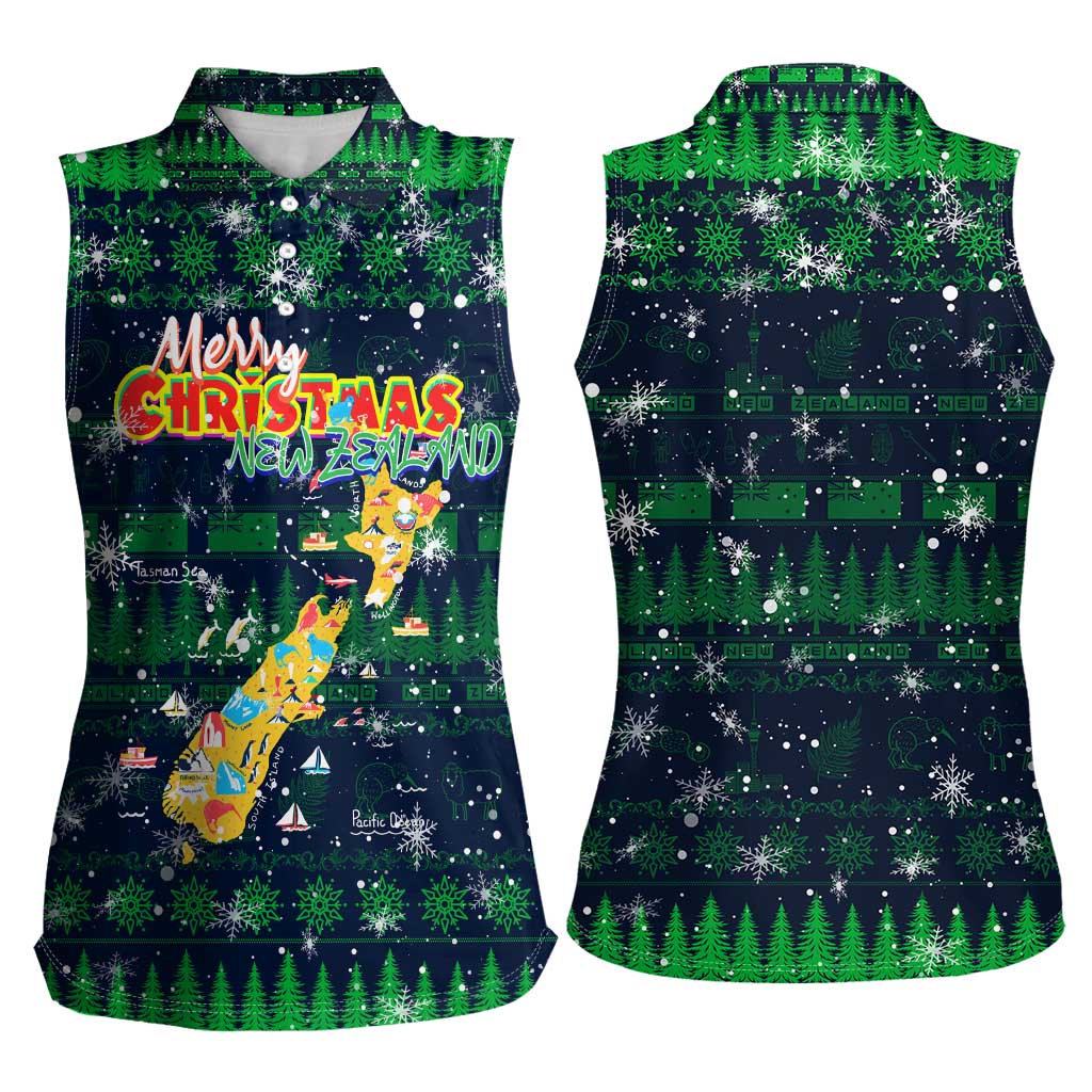 Merry Christmas New Zealand Women Sleeveless Polo Shirt Xmas Travel Map DT02 - Polynesian Pride