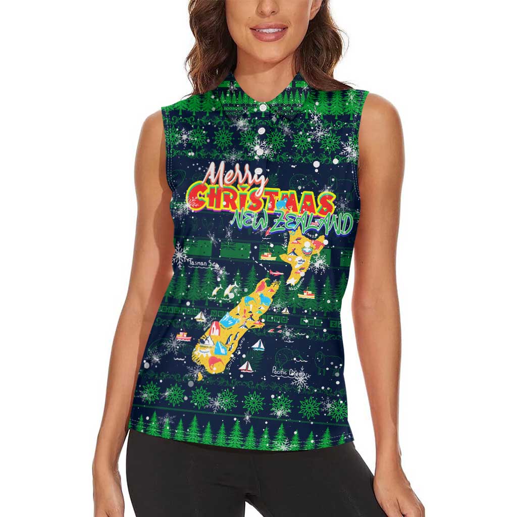 Merry Christmas New Zealand Women Sleeveless Polo Shirt Xmas Travel Map DT02 - Polynesian Pride