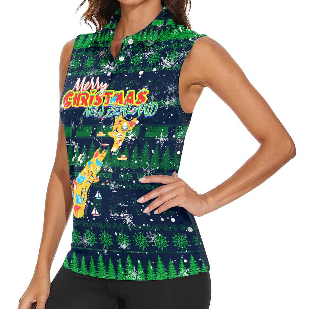 Merry Christmas New Zealand Women Sleeveless Polo Shirt Xmas Travel Map DT02 - Polynesian Pride