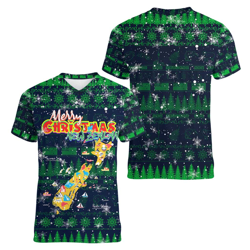 Merry Christmas New Zealand Women V-Neck T-Shirt Xmas Travel Map DT02 - Polynesian Pride