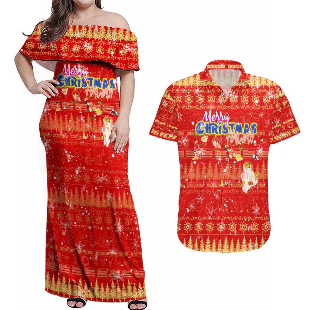 Merry Christmas Hawaii Couples Matching Off Shoulder Maxi Dress and Hawaiian Shirt Xmas Travel Map - Polynesian Pride