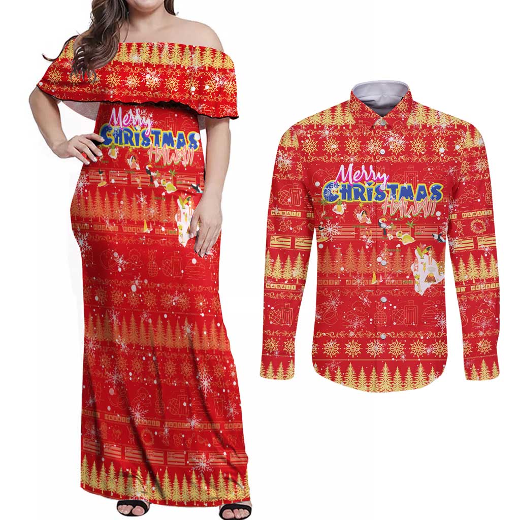 Merry Christmas Hawaii Couples Matching Off Shoulder Maxi Dress and Long Sleeve Button Shirt Xmas Travel Map - Polynesian Pride