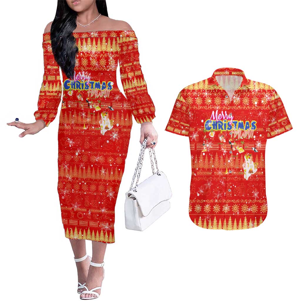 Merry Christmas Hawaii Couples Matching Off The Shoulder Long Sleeve Dress and Hawaiian Shirt Xmas Travel Map - Polynesian Pride