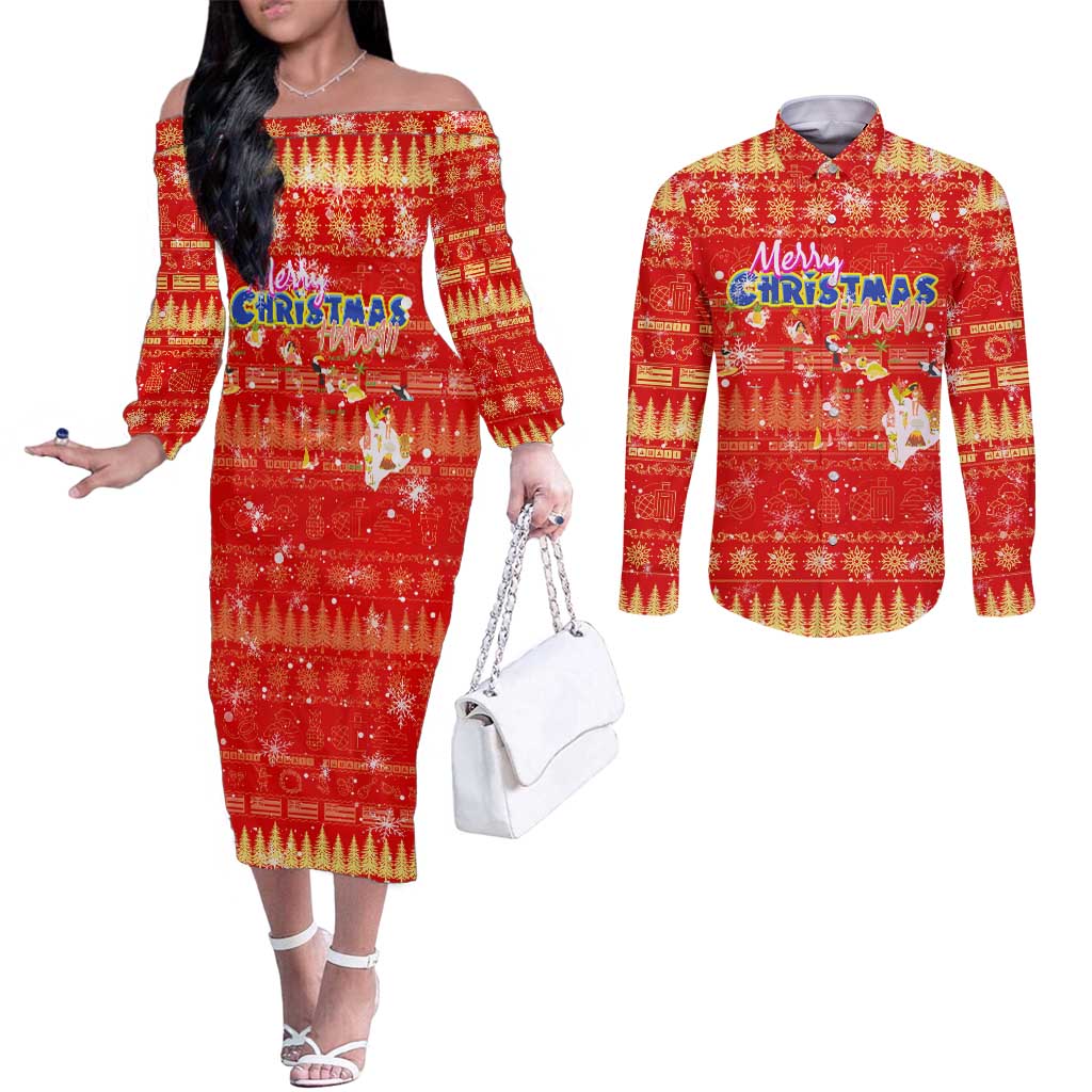 Merry Christmas Hawaii Couples Matching Off The Shoulder Long Sleeve Dress and Long Sleeve Button Shirt Xmas Travel Map - Polynesian Pride